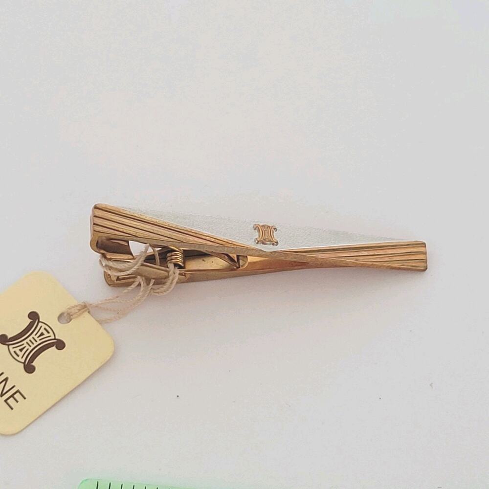 Celine Tie Bar Clip Clasp Gold Silver‎ Geometric Tone 2in Logo Vintage New